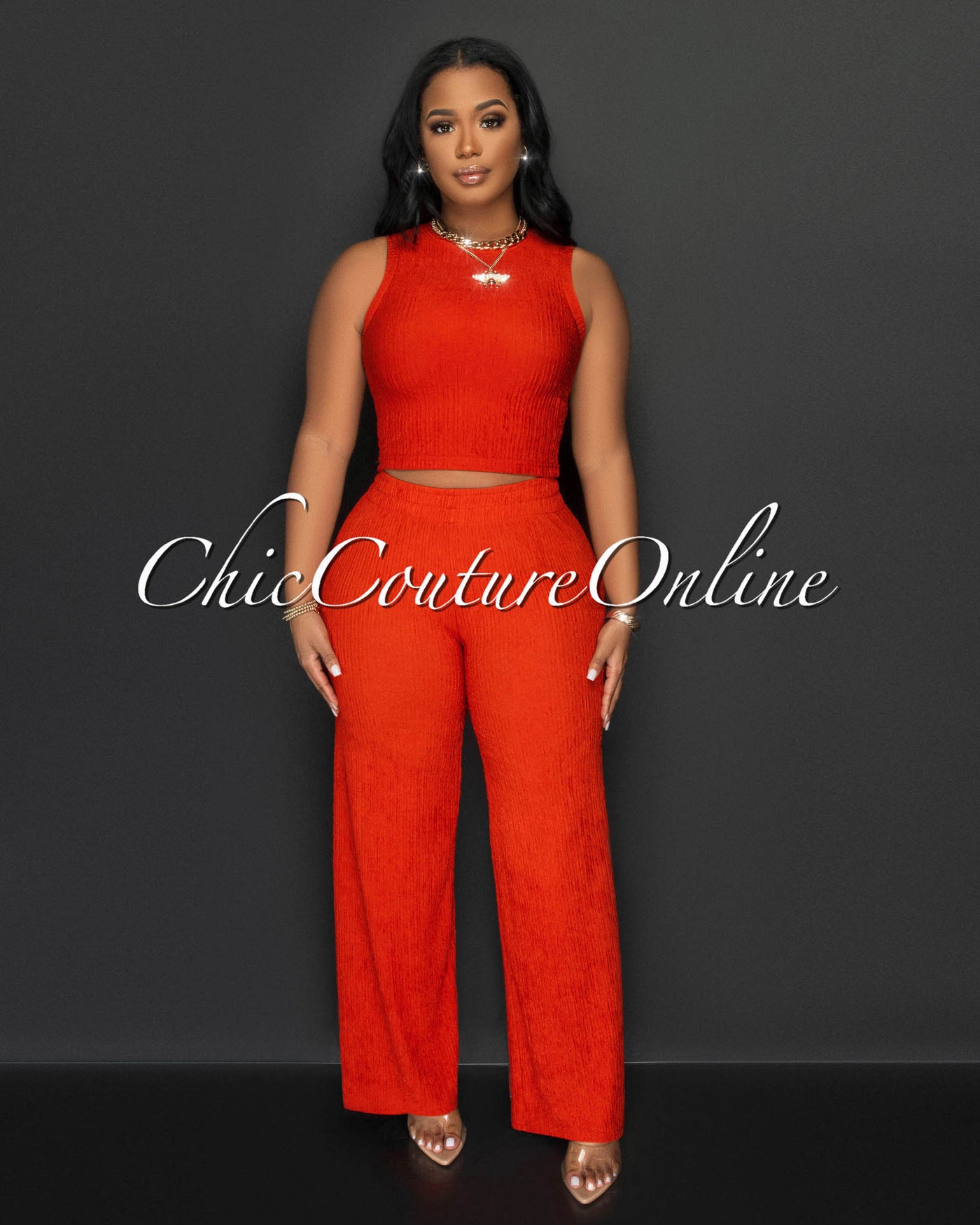 Katye Orange Front Crop Top & Wide Pants Textured Set