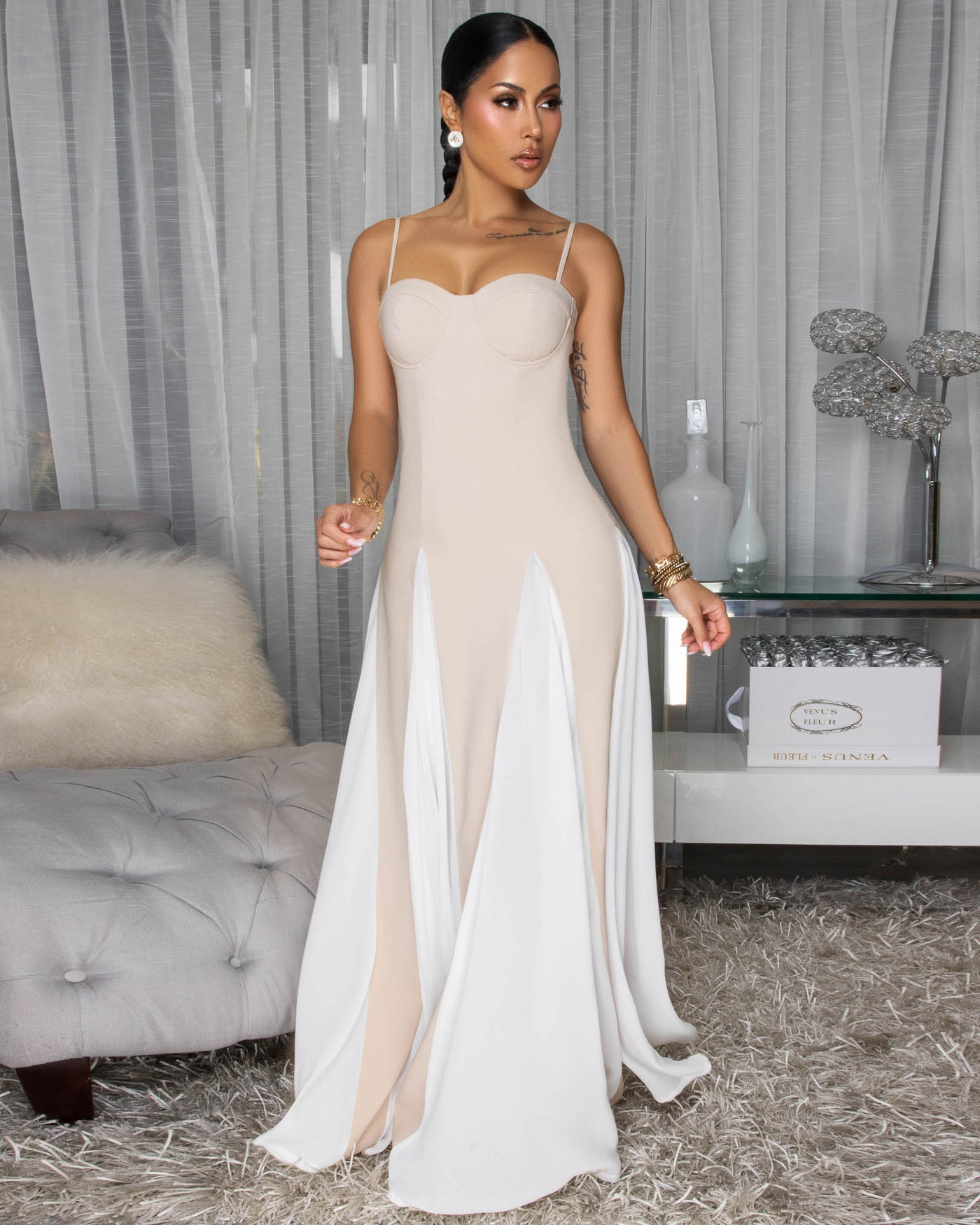 Palamos Nude White Paneled Maxi Dress