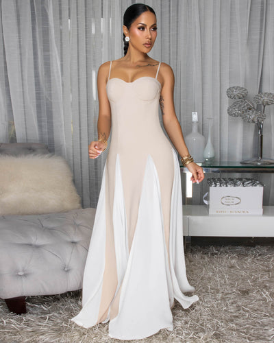 Palamos Nude White Paneled Maxi Dress