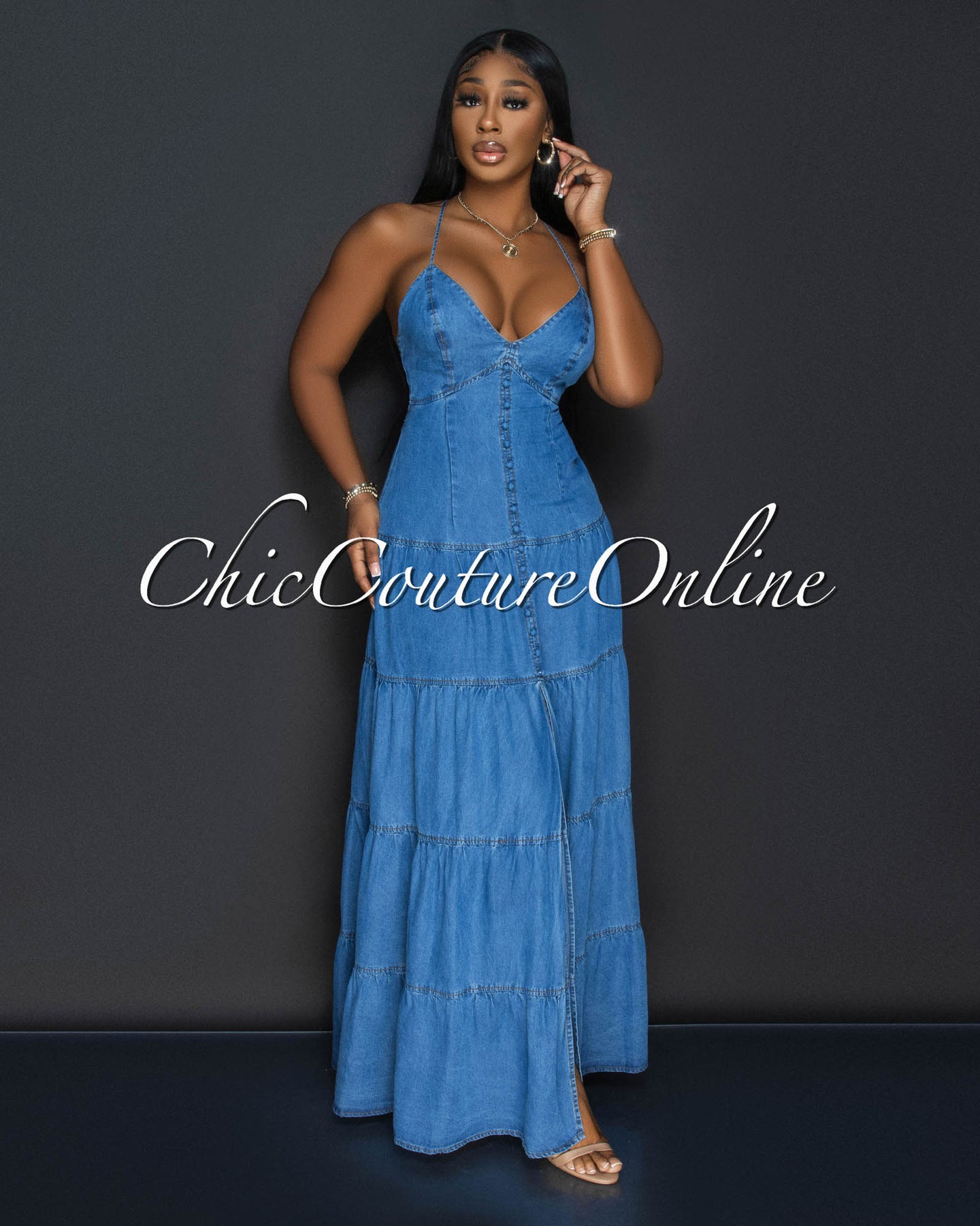 *Babasa Dark Denim Ruffle Maxi Dress