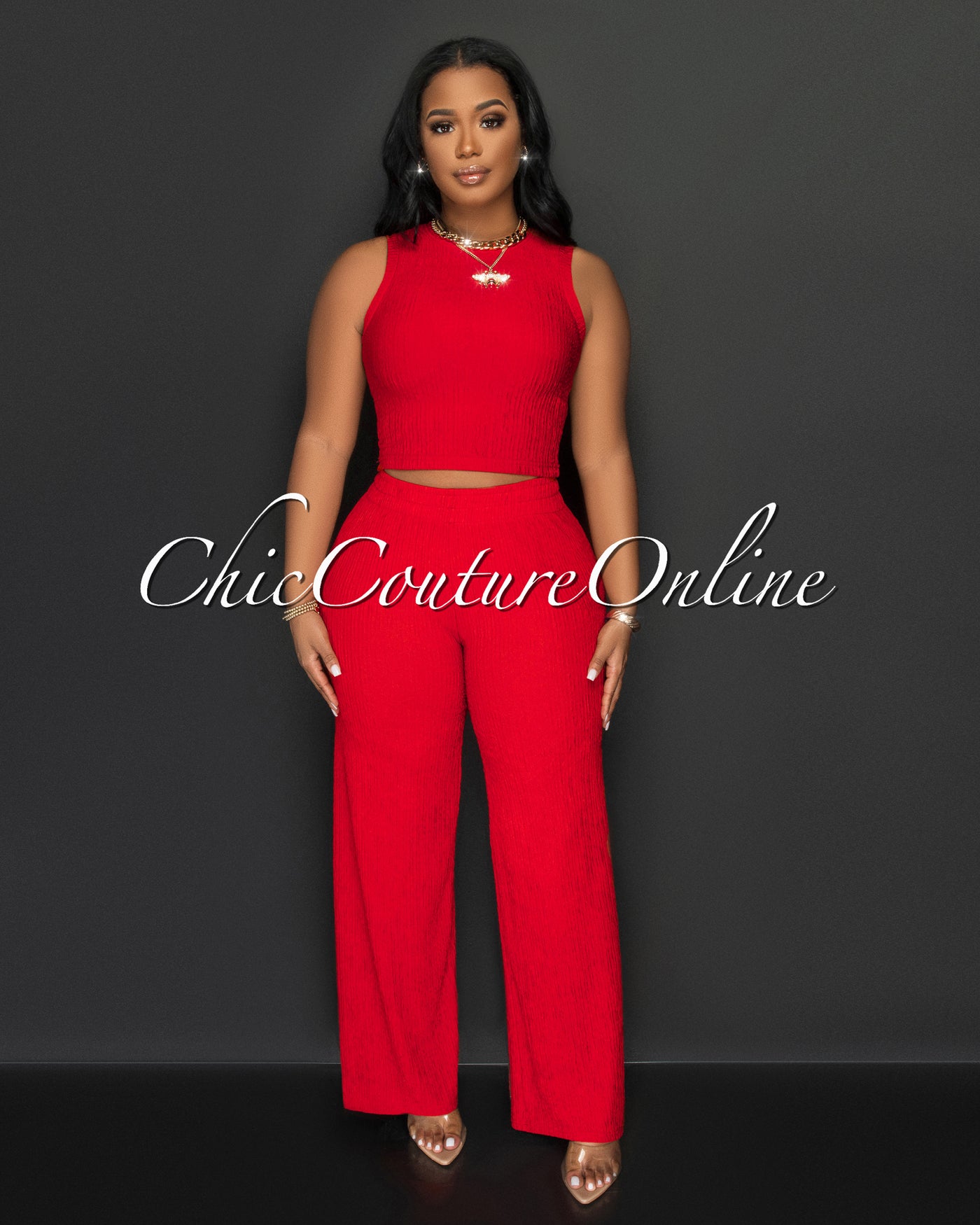 Katye Berry Red Front Crop Top & Wide Pants Textured Set