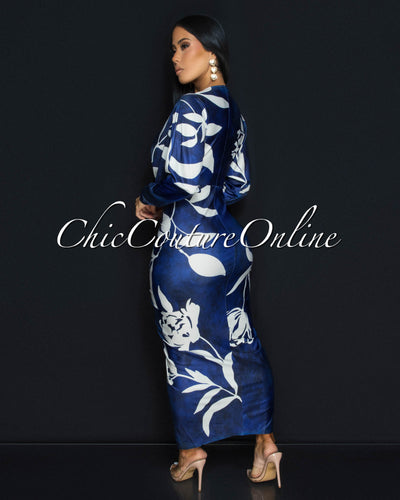 Maluma Blue Cream Print Midi Dress