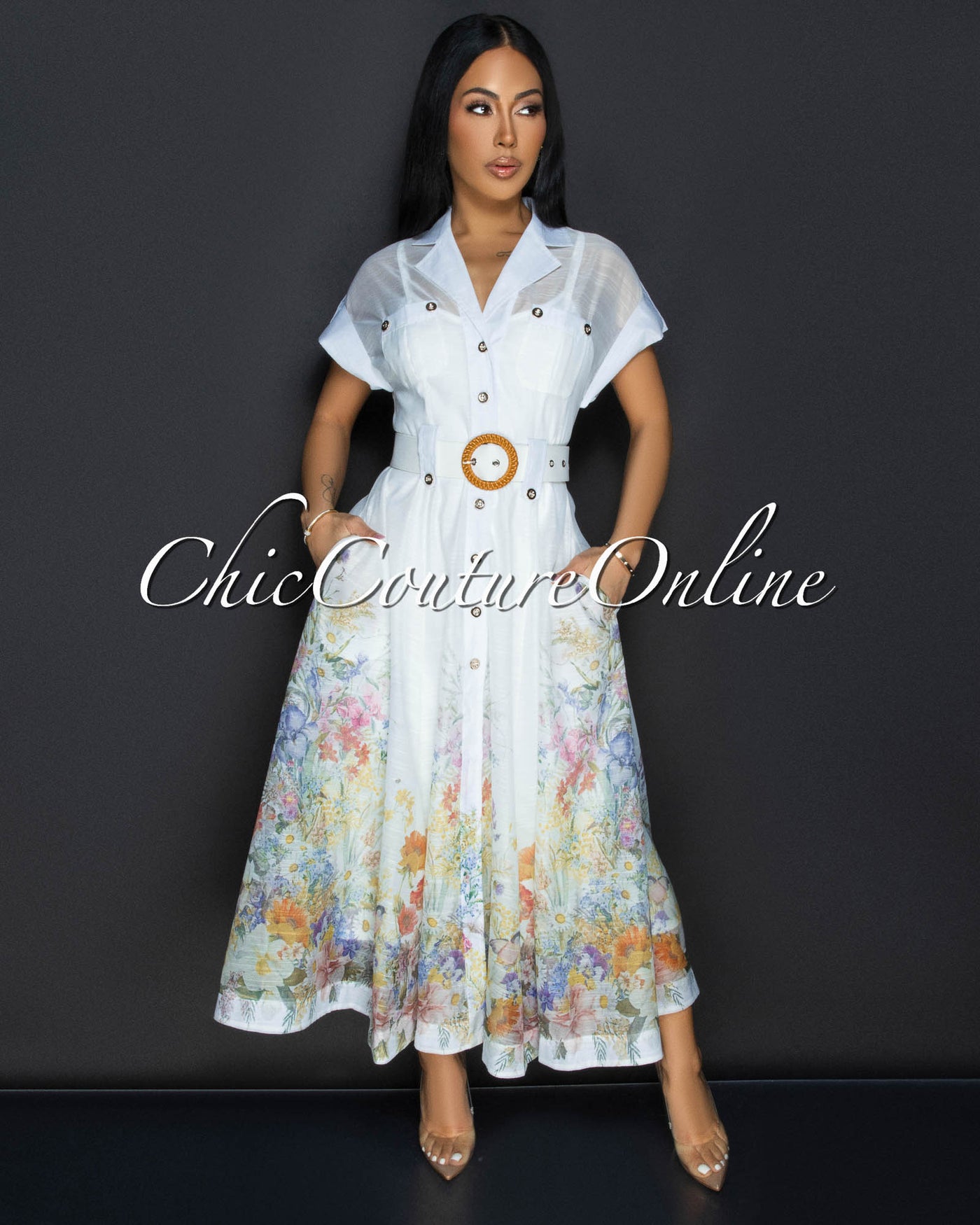 Zaria Off-White Floral Print Gold Buttons Belted Maxi Dress