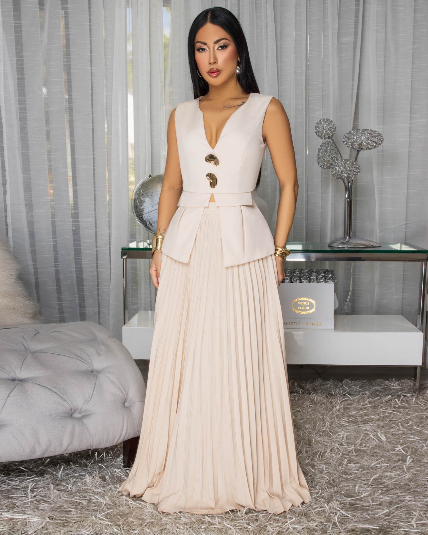 Adara Nude Top & Pleated Maxi Skirt Set