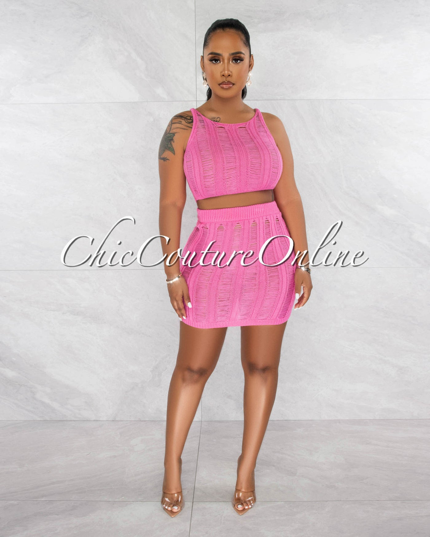 *Mexie Pink Crochet Crop Top & Skirt Cover-Up Set