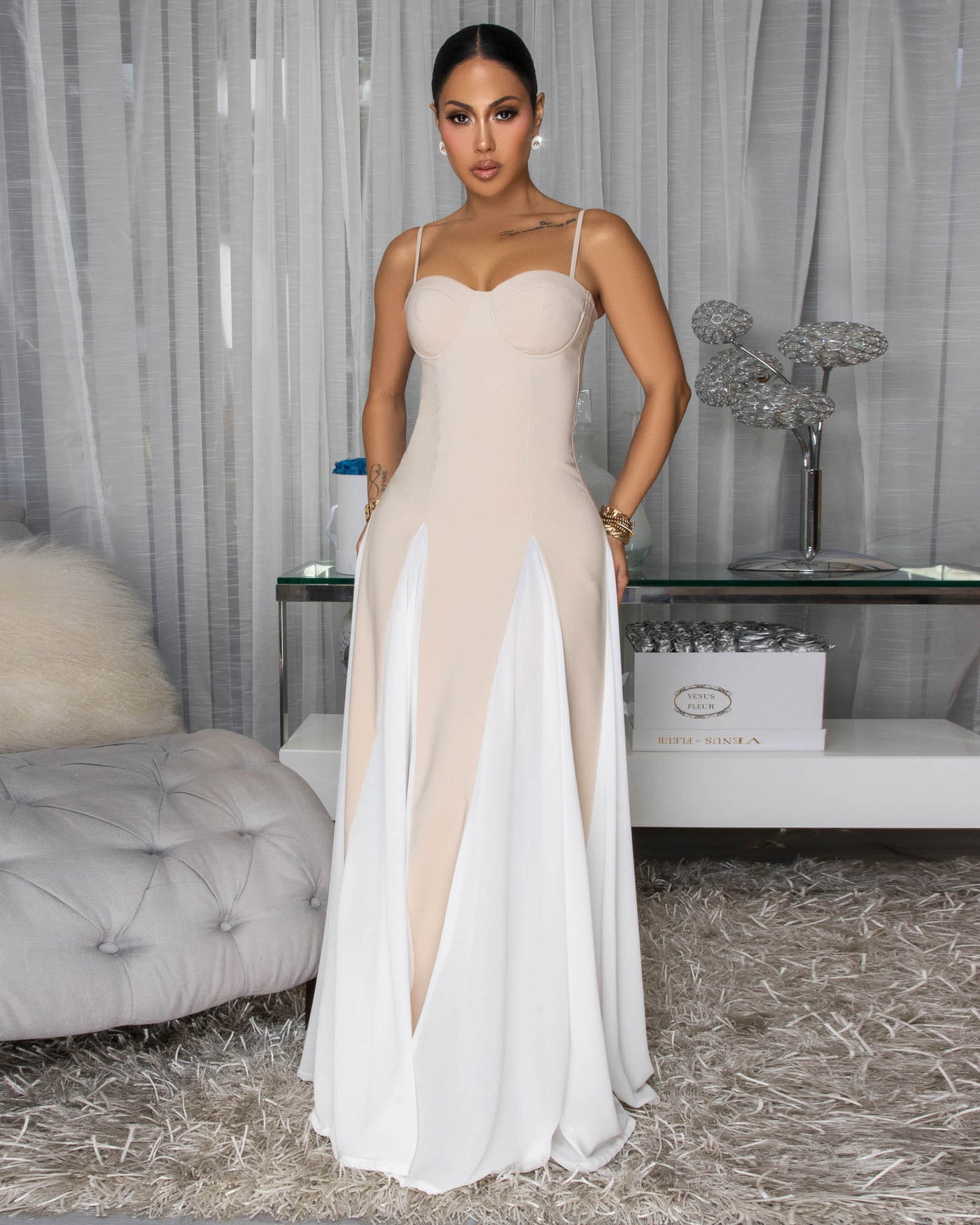 Palamos Nude White Paneled Maxi Dress