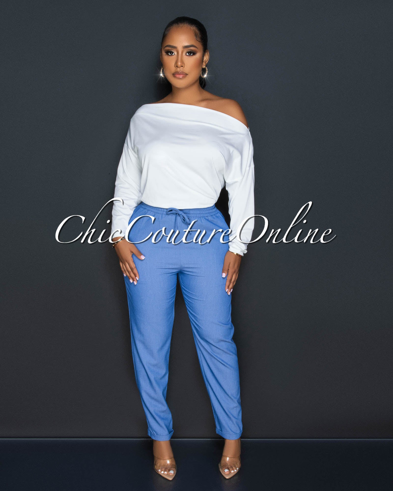 *Melinda White Top Blue Chambray Two-Tone Jumpsuit