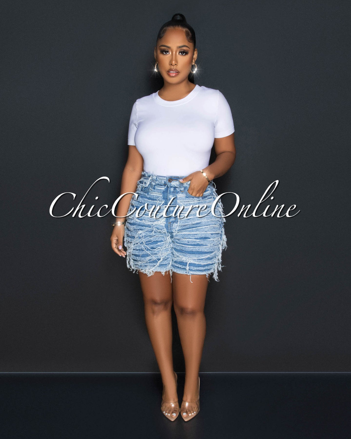 *Teshi Light Blue Distressed Denim Shorts
