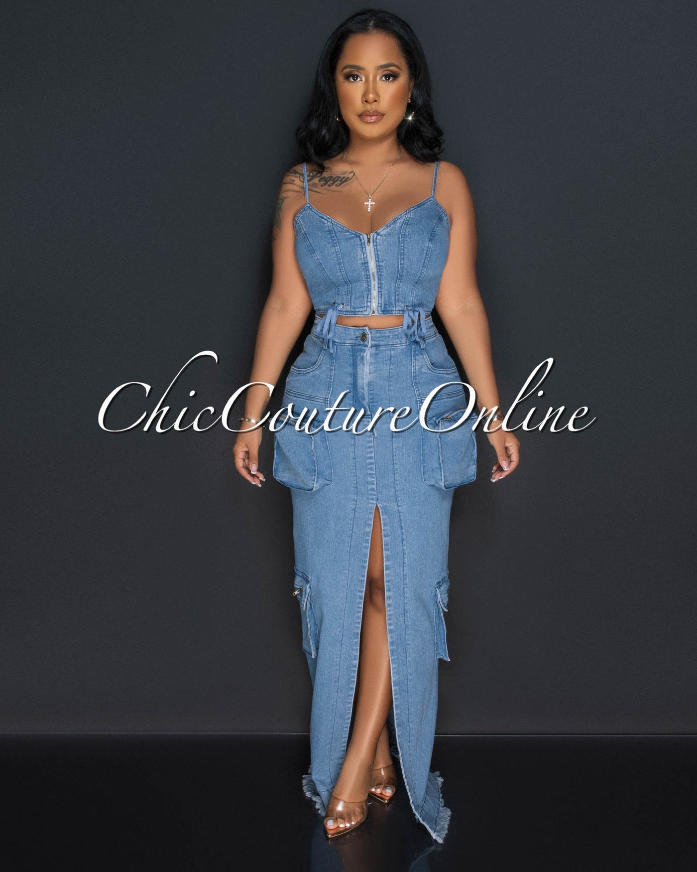 Jilian Medium Denim Cropt Top & Maxi Cargo Skirt Set