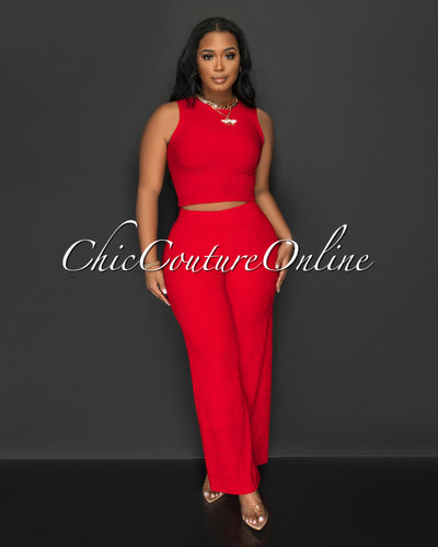 Katye Berry Red Front Crop Top & Wide Pants Textured Set