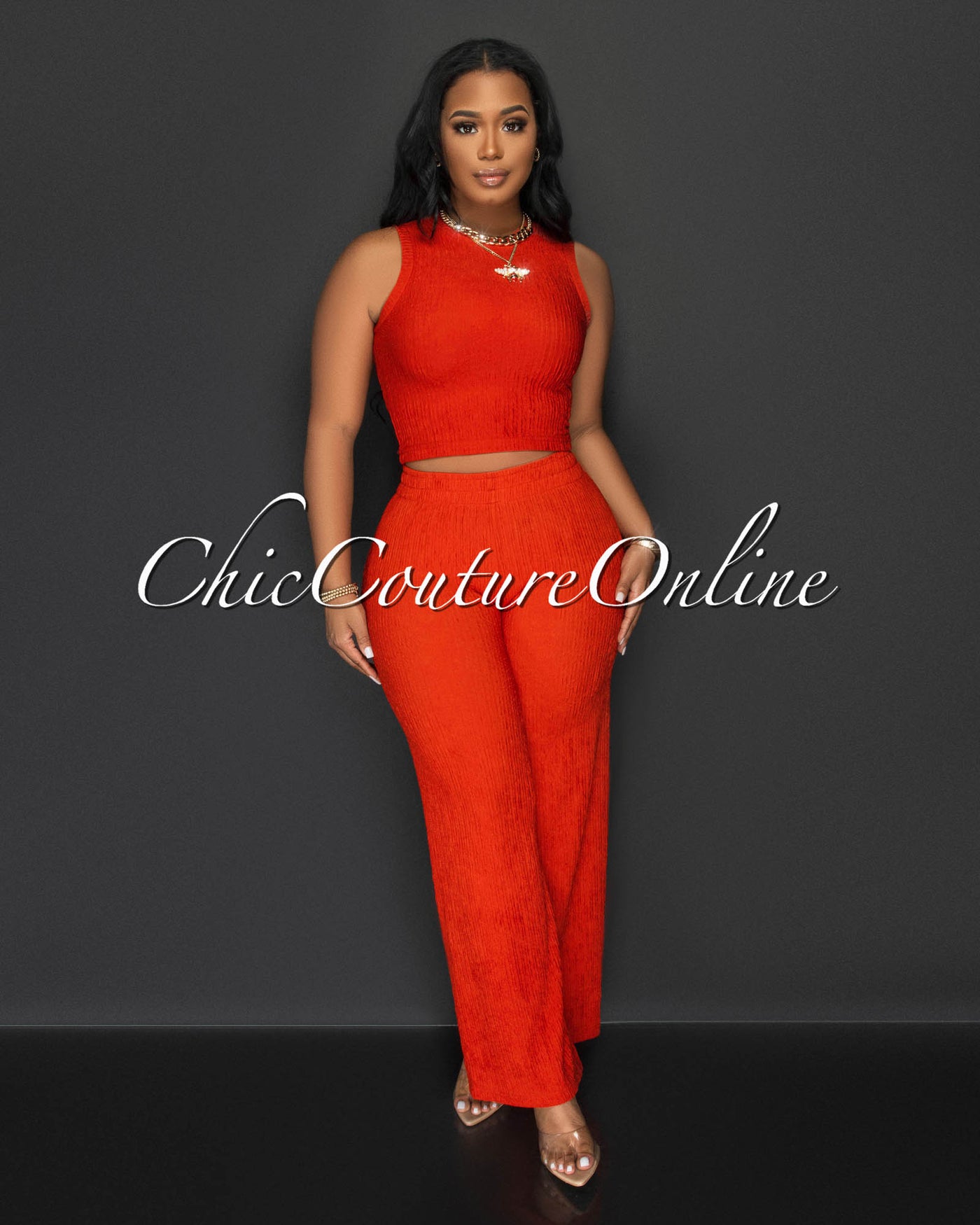 Katye Orange Front Crop Top & Wide Pants Textured Set