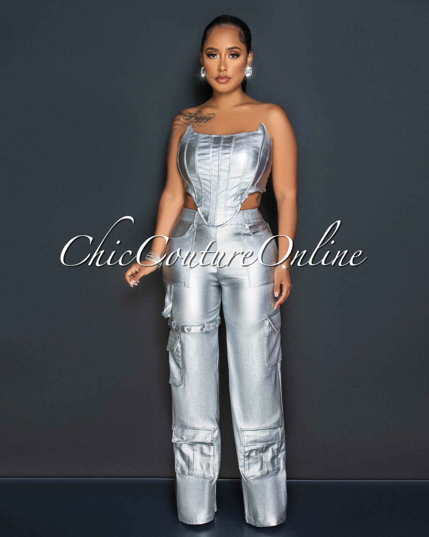 Angie Silver Corset Cut-Out Cargo Metallic Jumpsuit