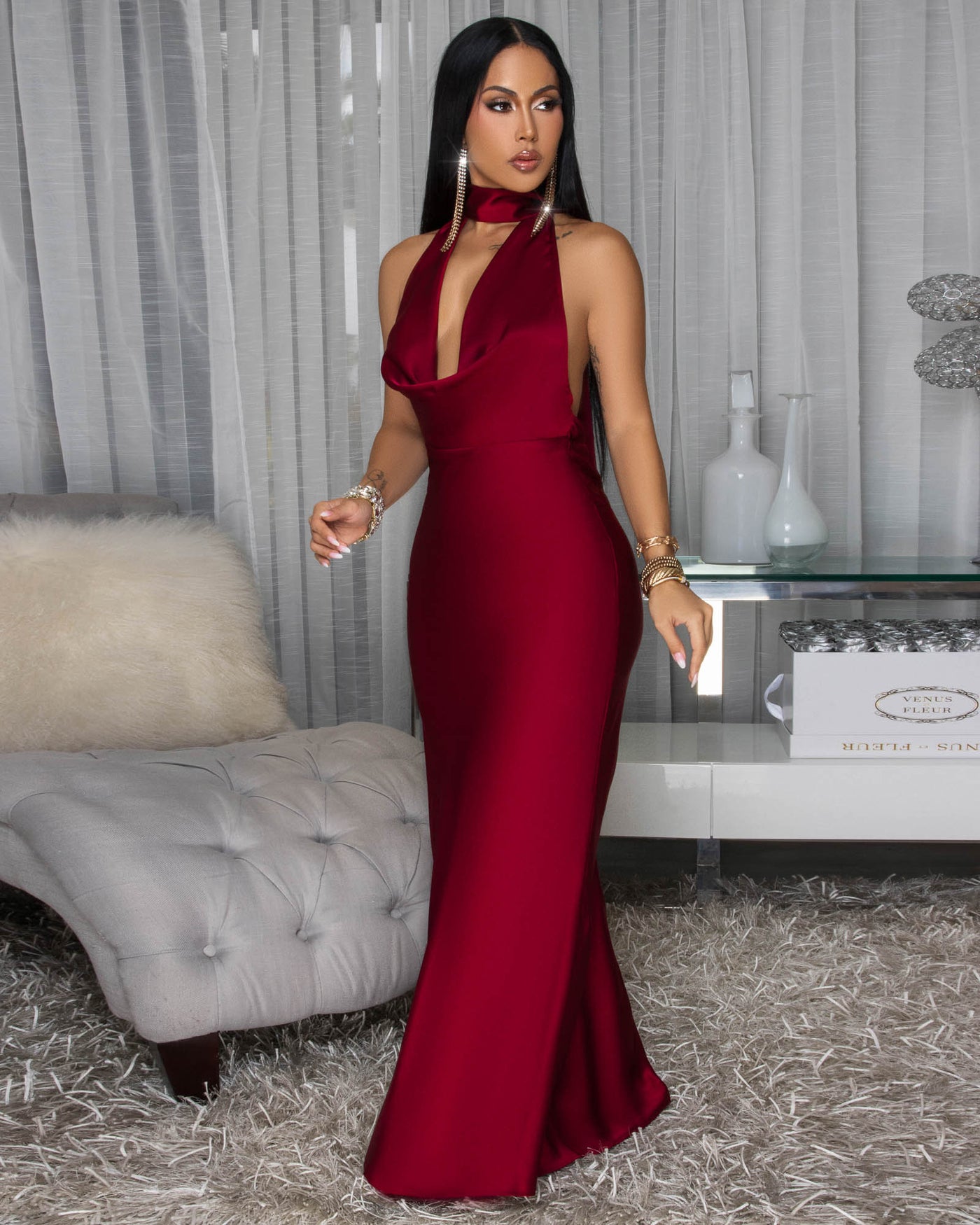 Lorena Burgundy Silky Halter Maxi Dress