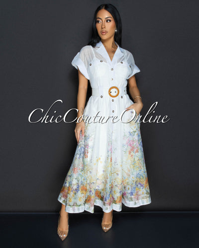 Zaria Off-White Floral Print Gold Buttons Belted Maxi Dress