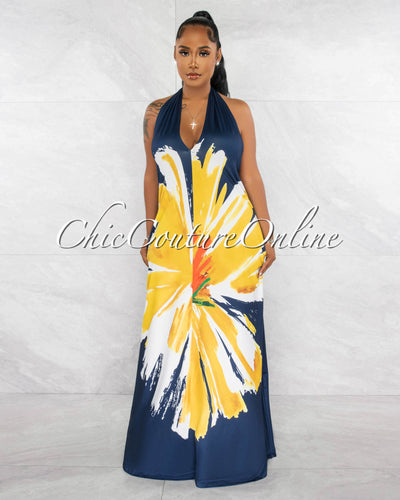 Chira Navy Blue Yellow Print Halter Maxi Dress