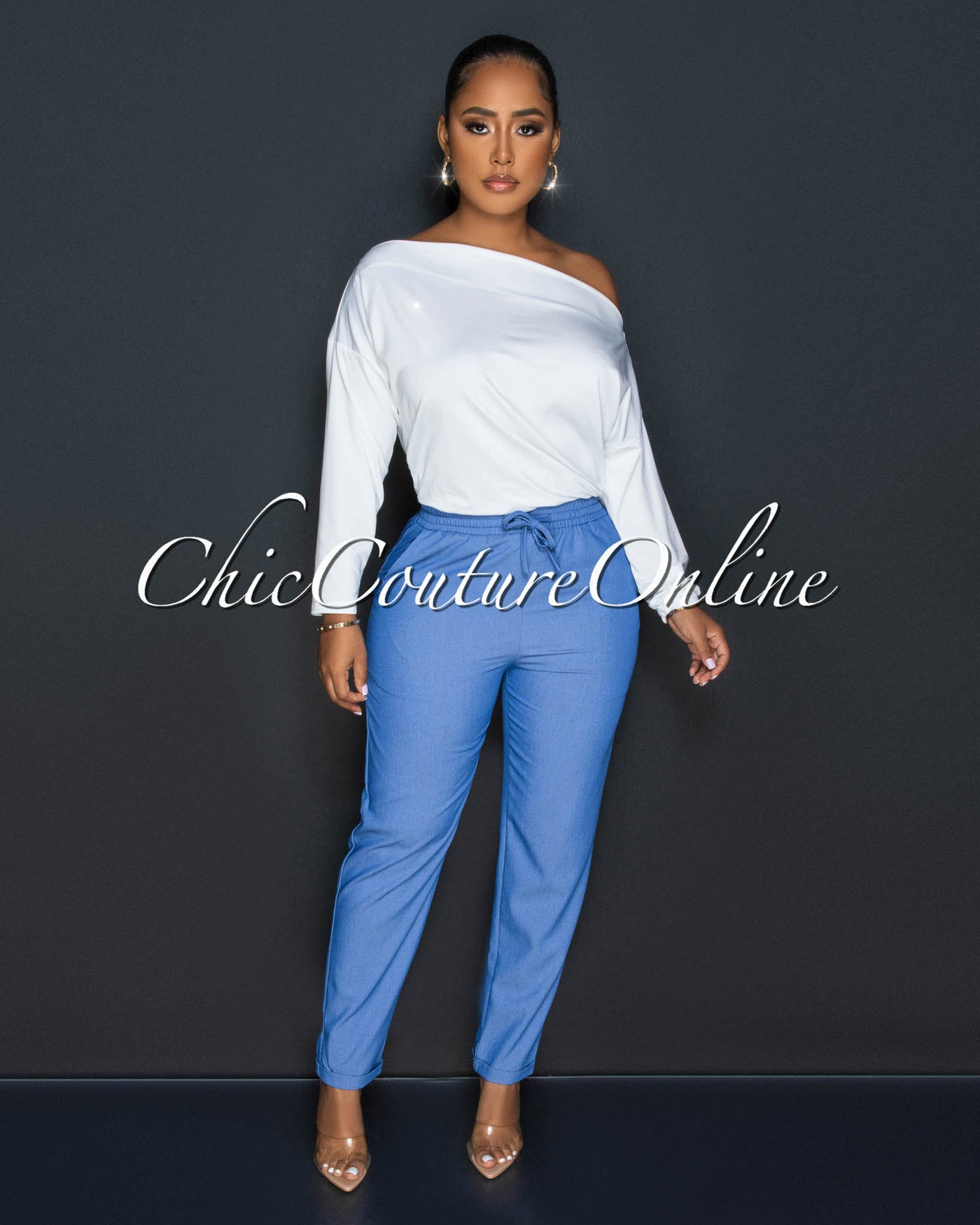 Melinda White Top Blue Chambray Two-Tone Jumpsuit