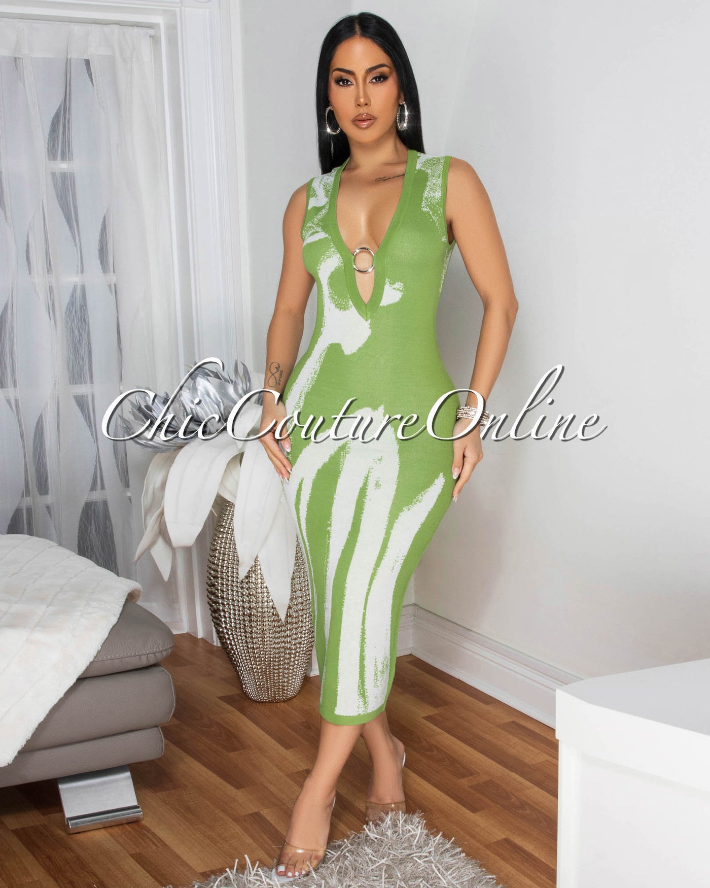 Ackoa Green White Knit Midi Dress