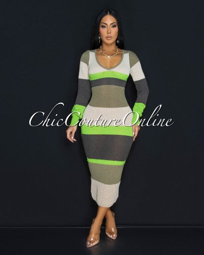 Benjy Lime Green Multi-Color Stripes Sweater Dress