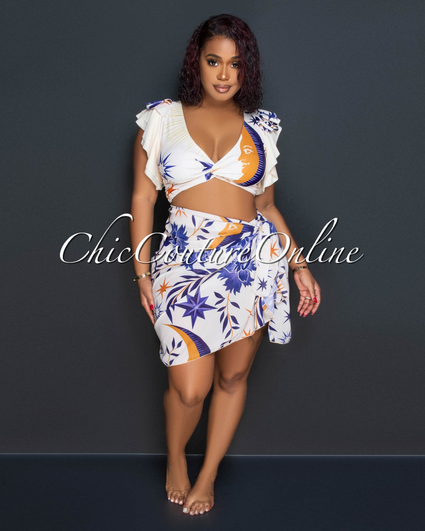 Izzy Cream Multi-Color Print Top/Bikini & Cover Up 3 Piece Set Swimsuit