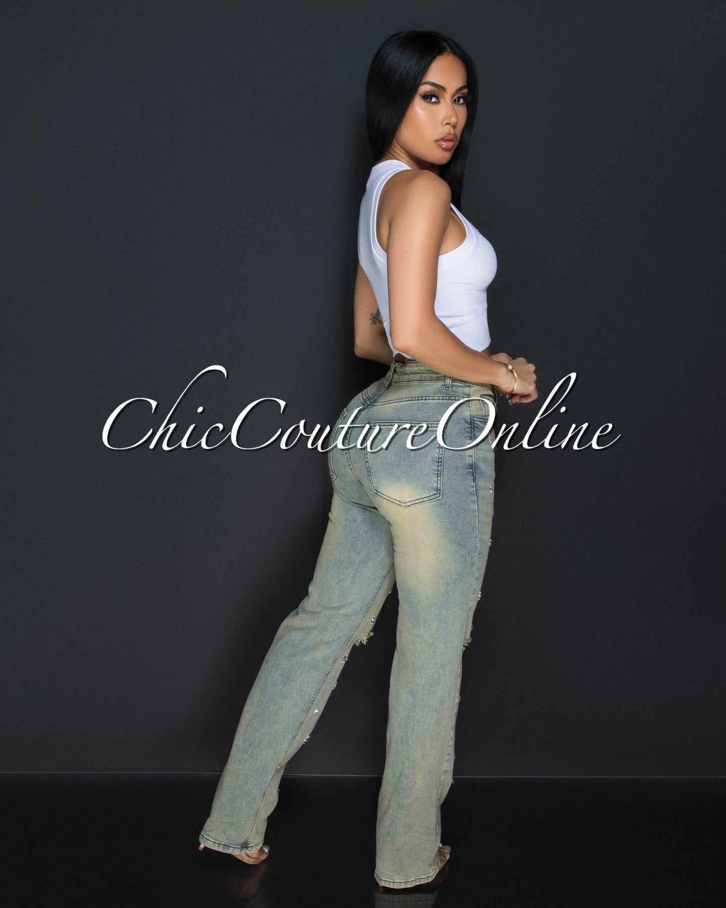 *Adora Beige Denim Rhinestones Accent Jeans