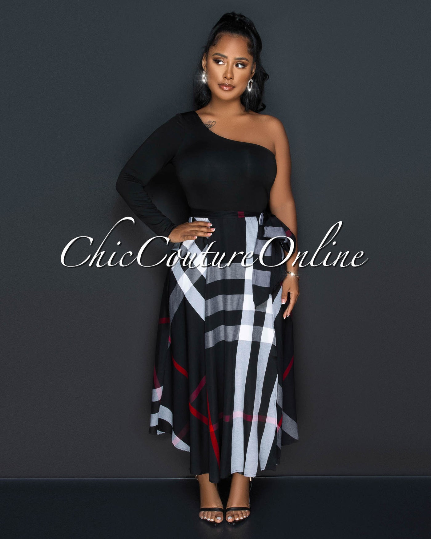 Breea Black Grey Plaid Print Two-Tone Single Shoulder Maxi Dress