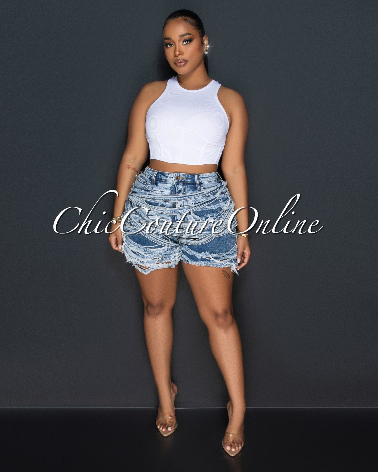 *Mimi Blue Denim Distressed Bermuda Shorts