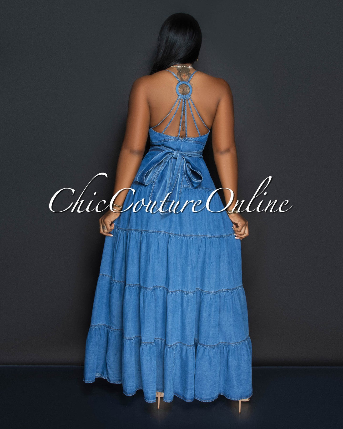 *Babasa Dark Denim Ruffle Maxi Dress