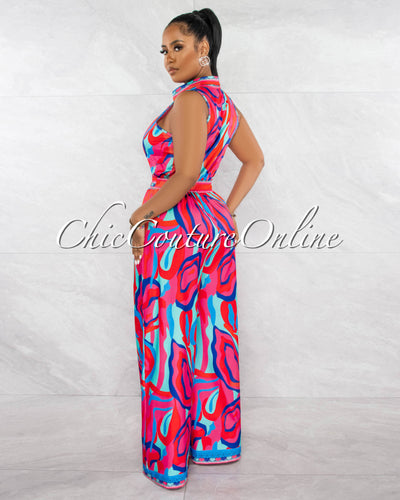 *Georgina Fuchsia Print Collared Waist Tie Jumpsuit