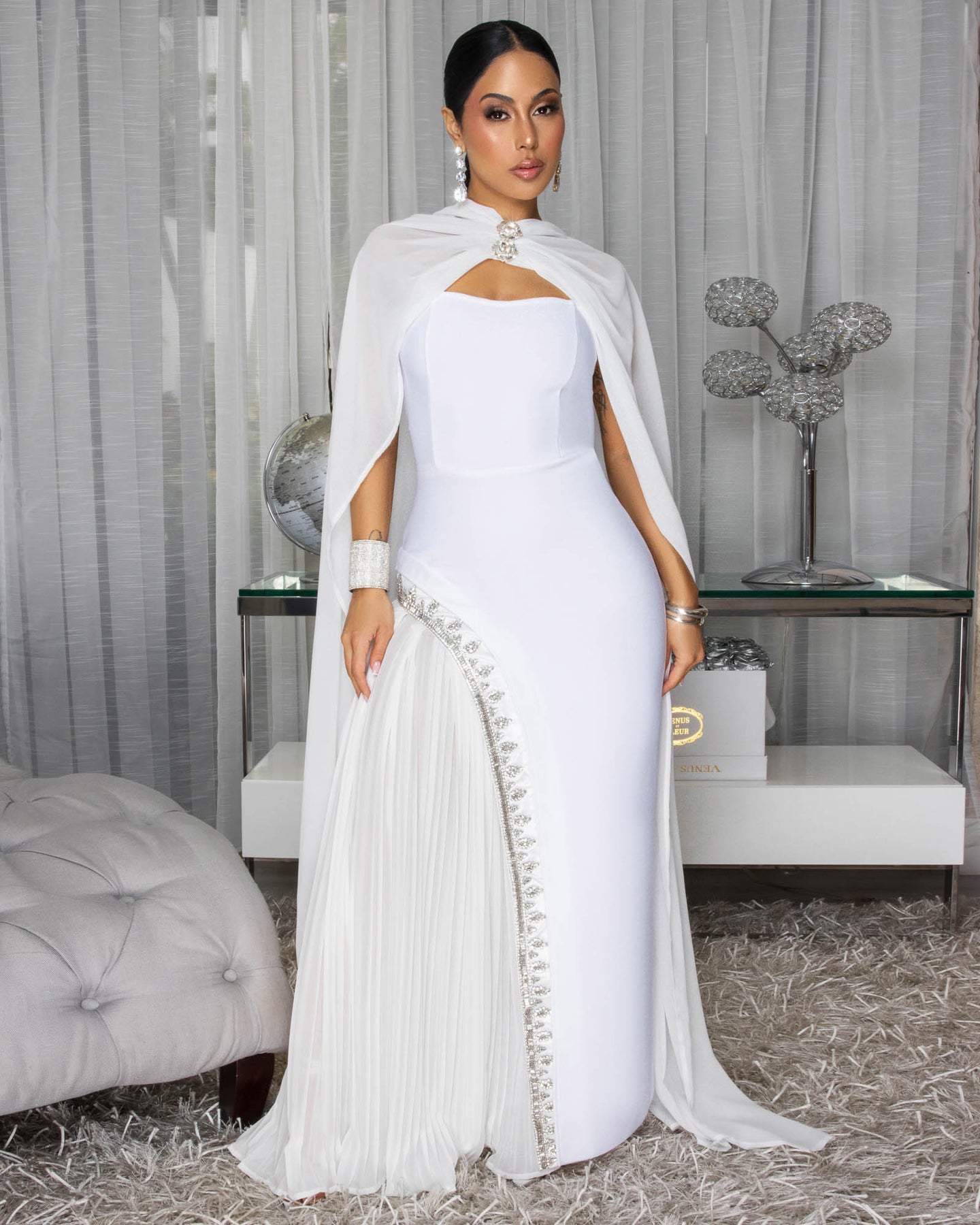 Hudane White Rhinestones Accent Shawl Bandage Maxi Dress
