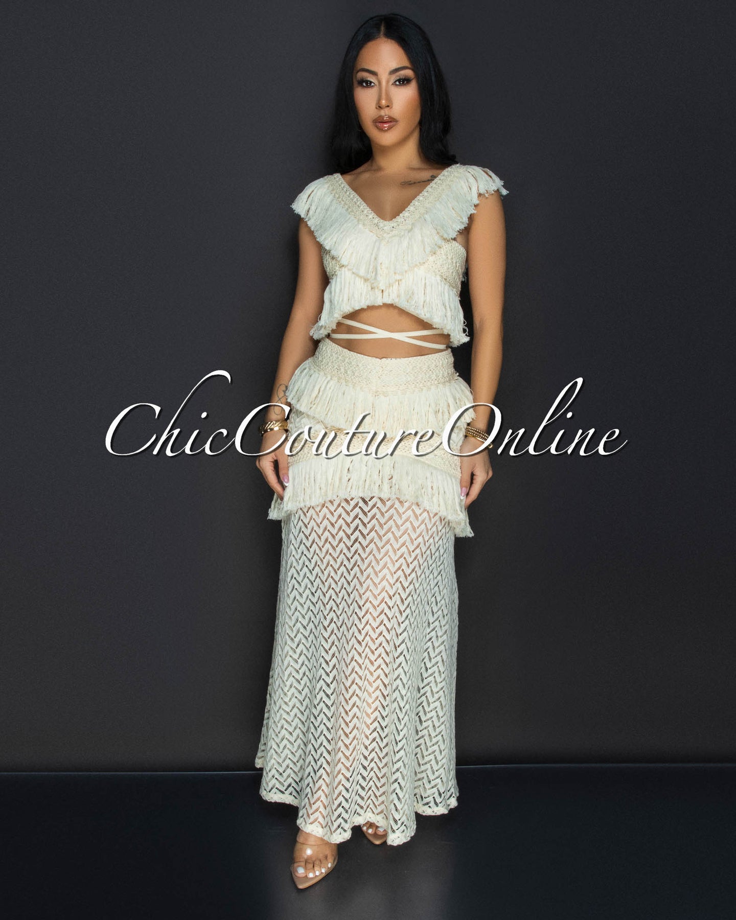 Lloyda Ivory Crochet Top & Maxi Skirt Set