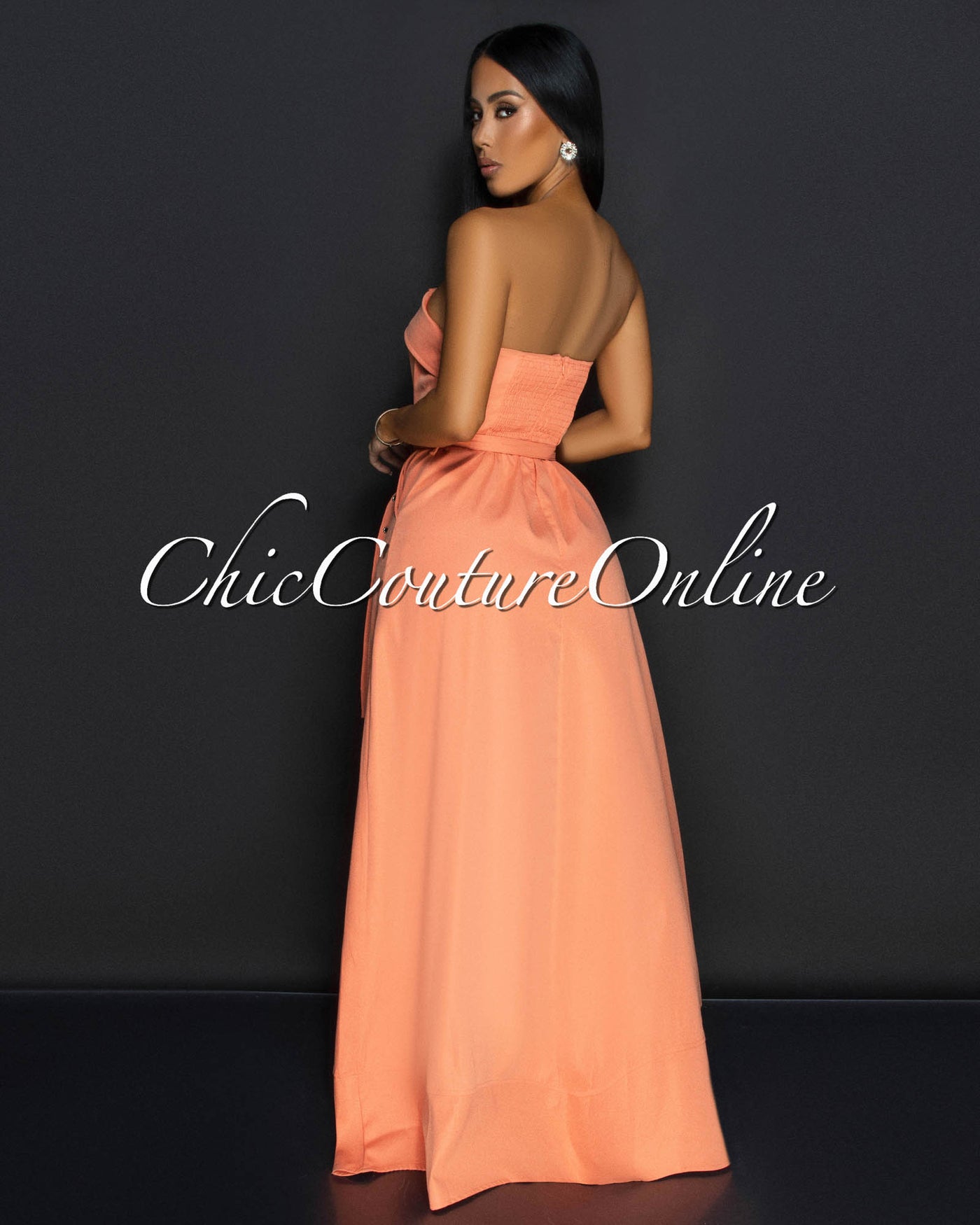 Klana Orange Strapless Belted Cargo Maxi Dress