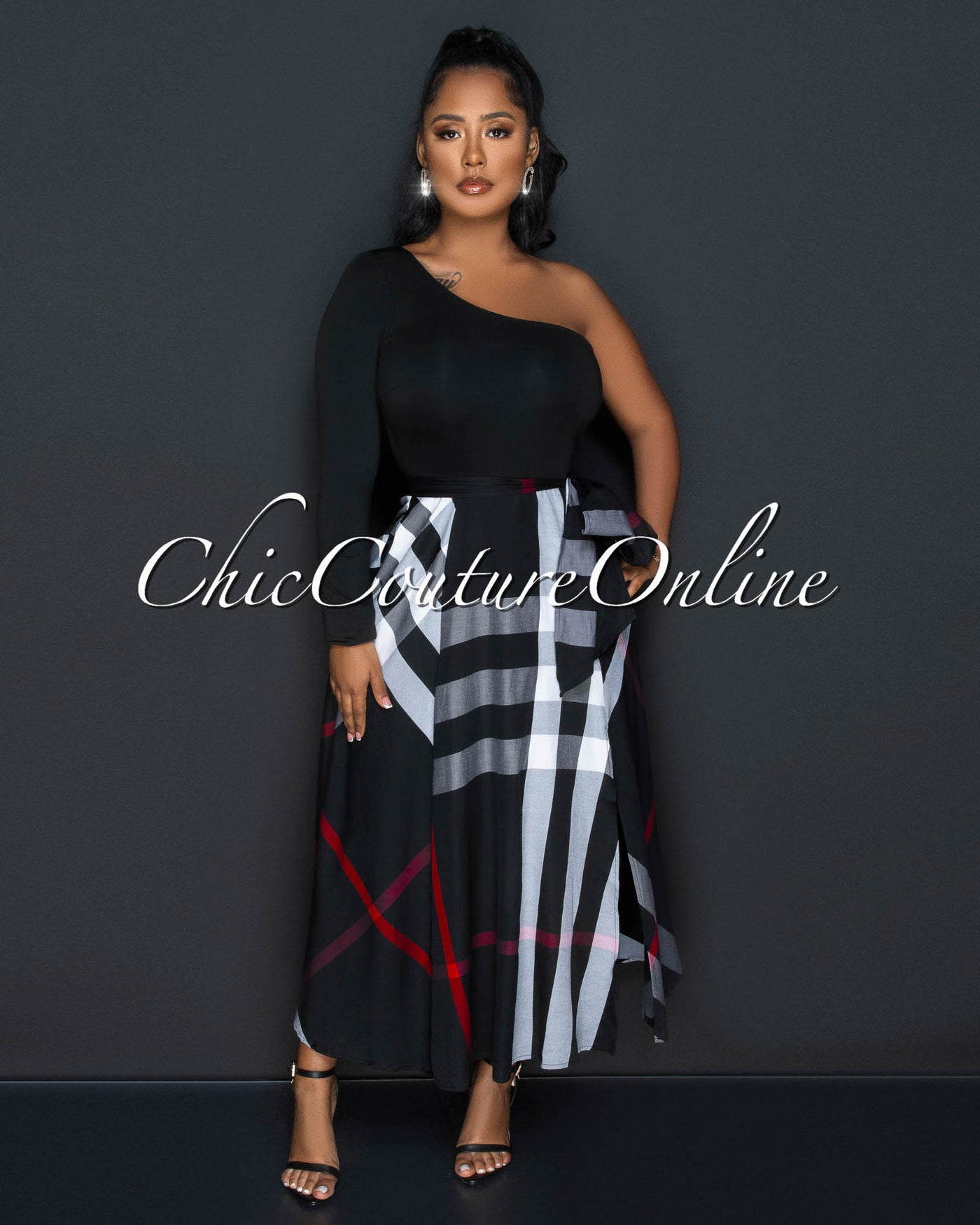 Breea Black Grey Plaid Print Two-Tone Single Shoulder Maxi Dress