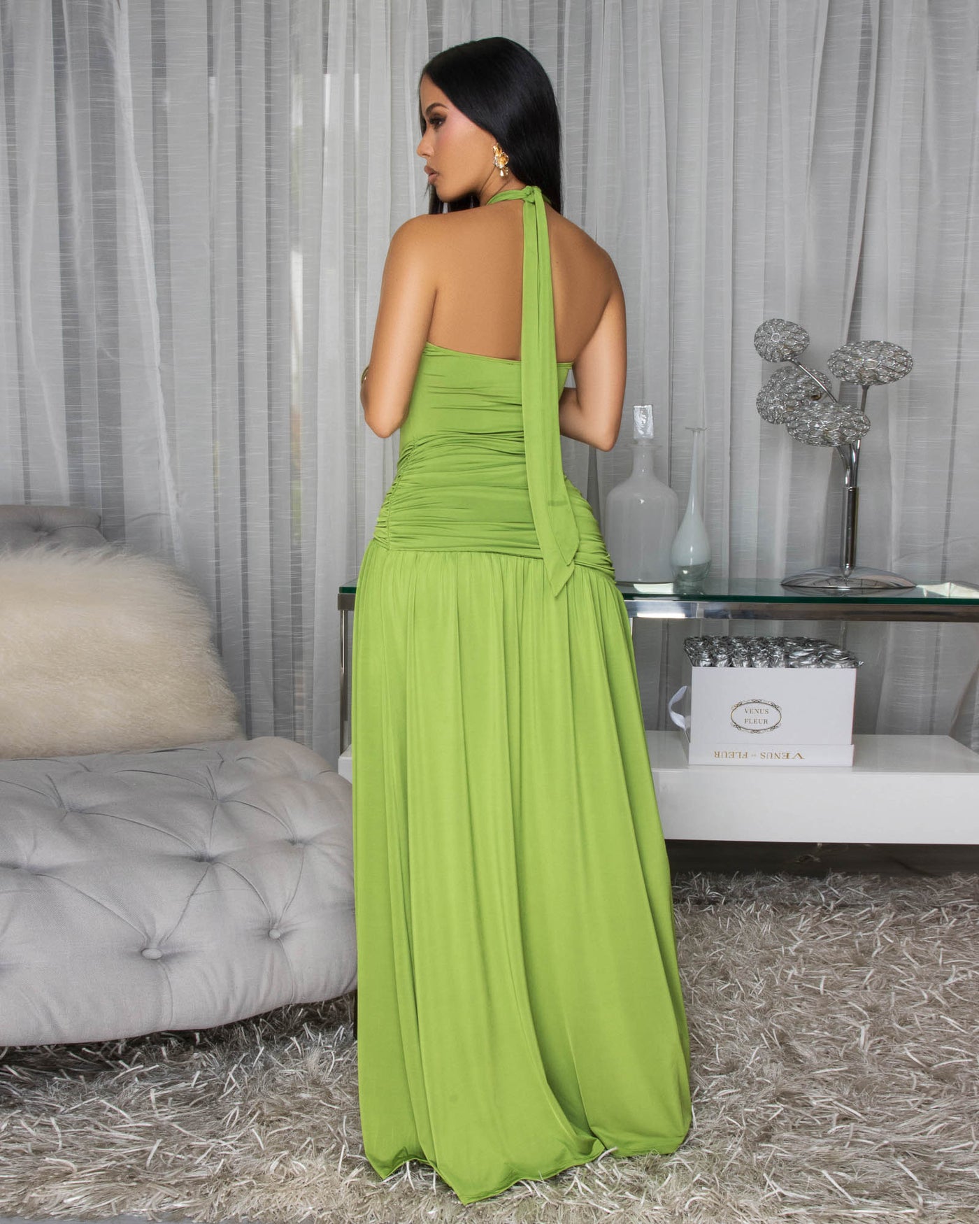 Larielle Green Ruched High Slit Maxi Dress