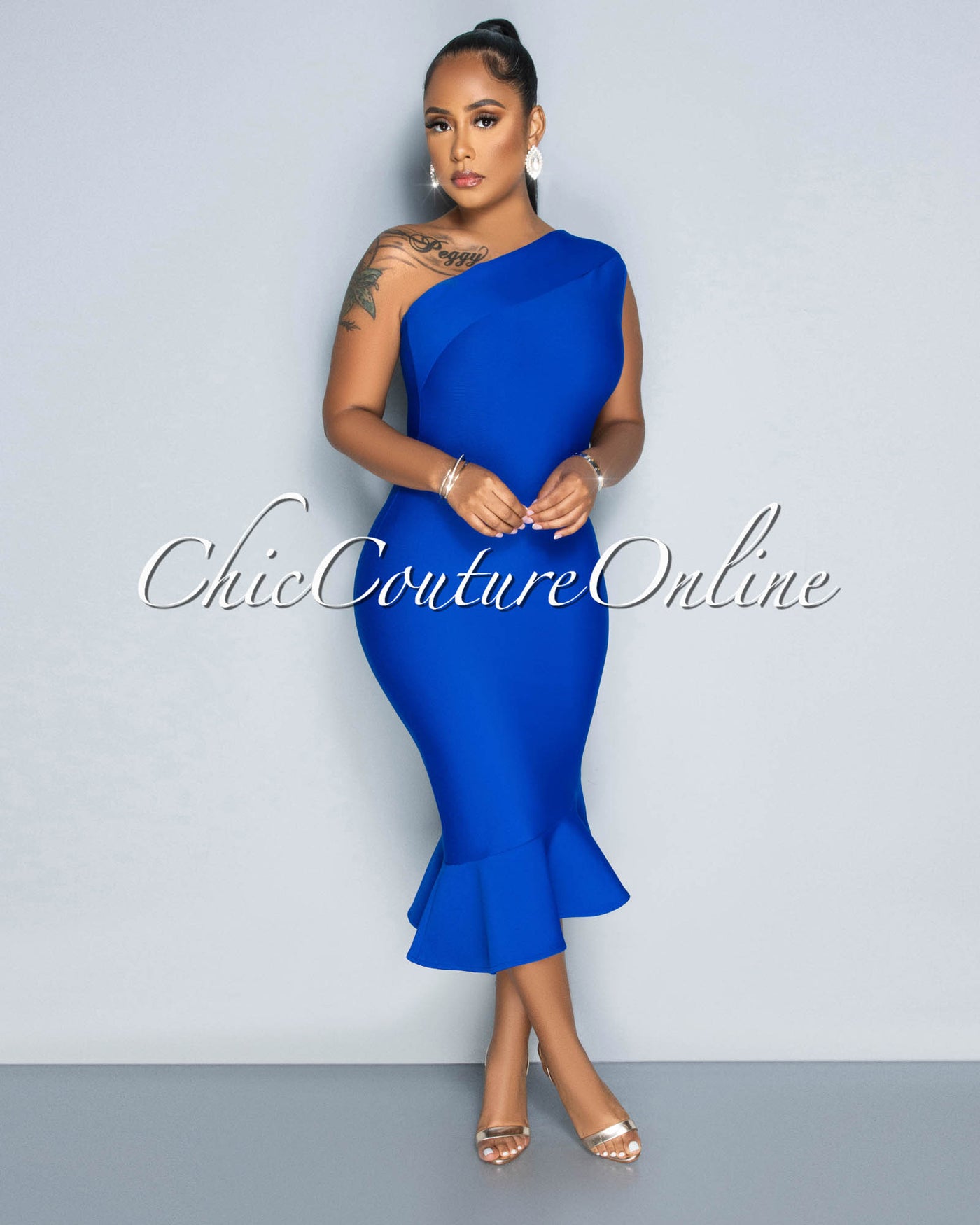 Patria Royal Blue Single Shoulder Ruffle Hem Bandage Dress