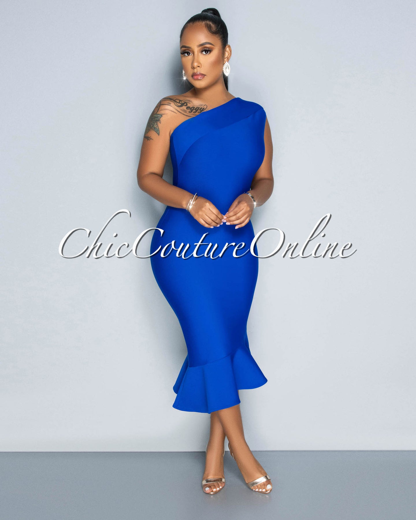 *Patria Royal Blue Single Shoulder Ruffle Hem Bandage Dress
