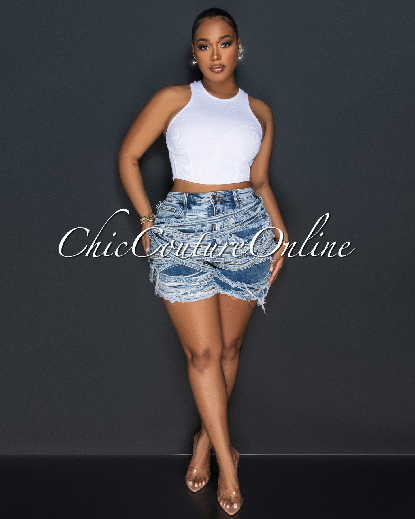 *Mimi Blue Denim Distressed Bermuda Shorts