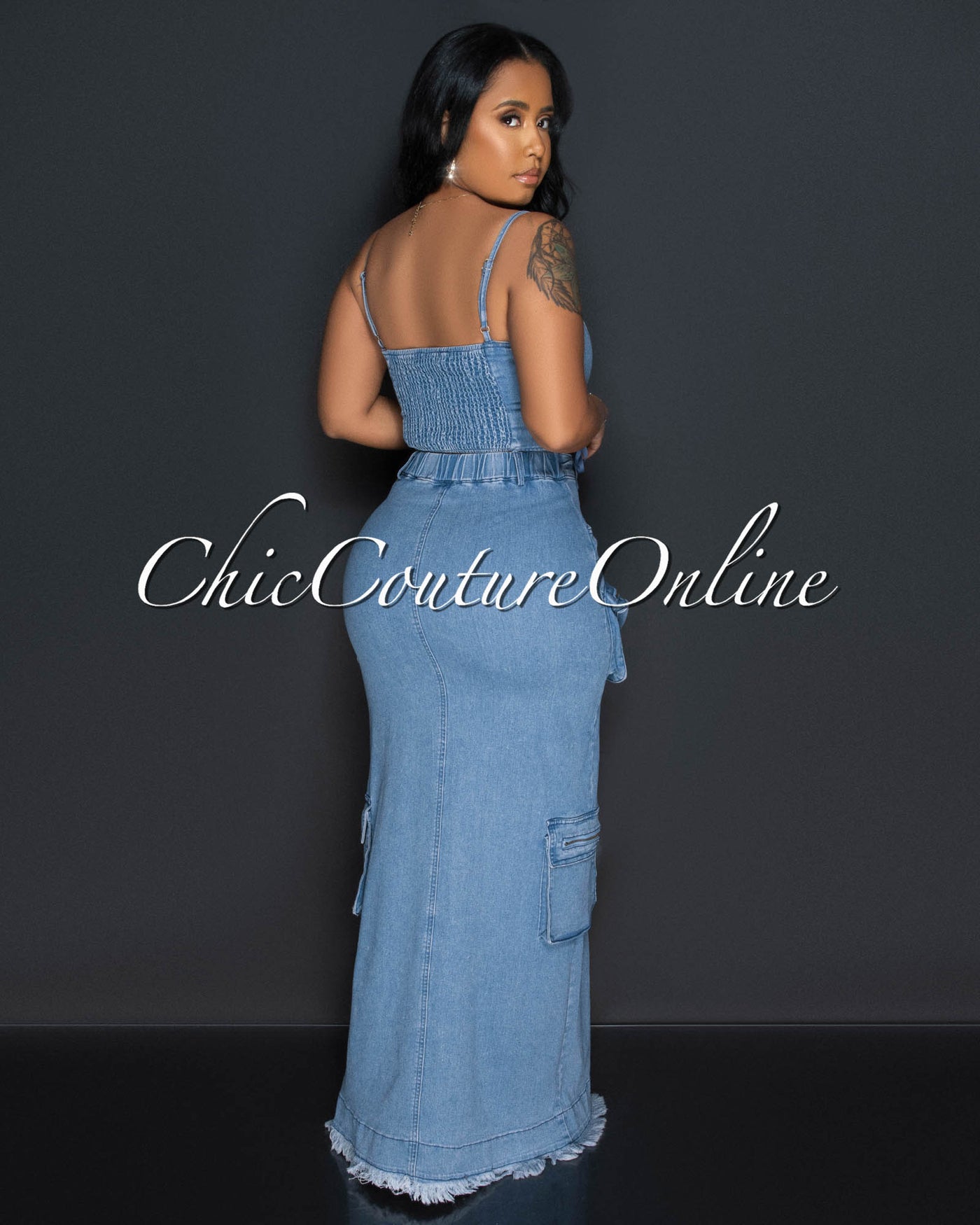 Jilian Medium Denim Cropt Top & Maxi Cargo Skirt Set