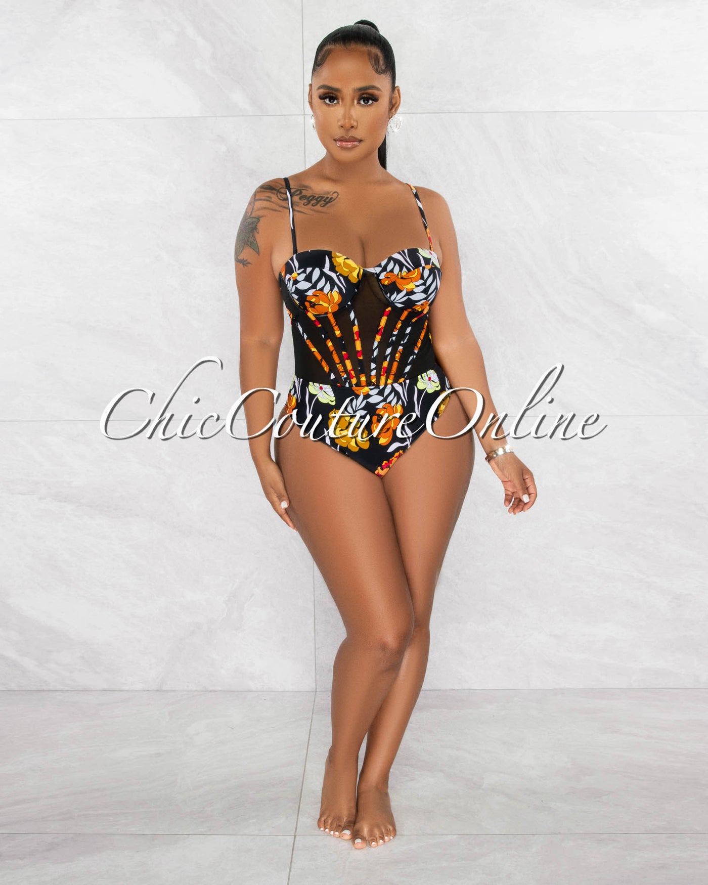 *Mandel Black Multi-Color Print Mesh Skirt Pareo Swimsuit