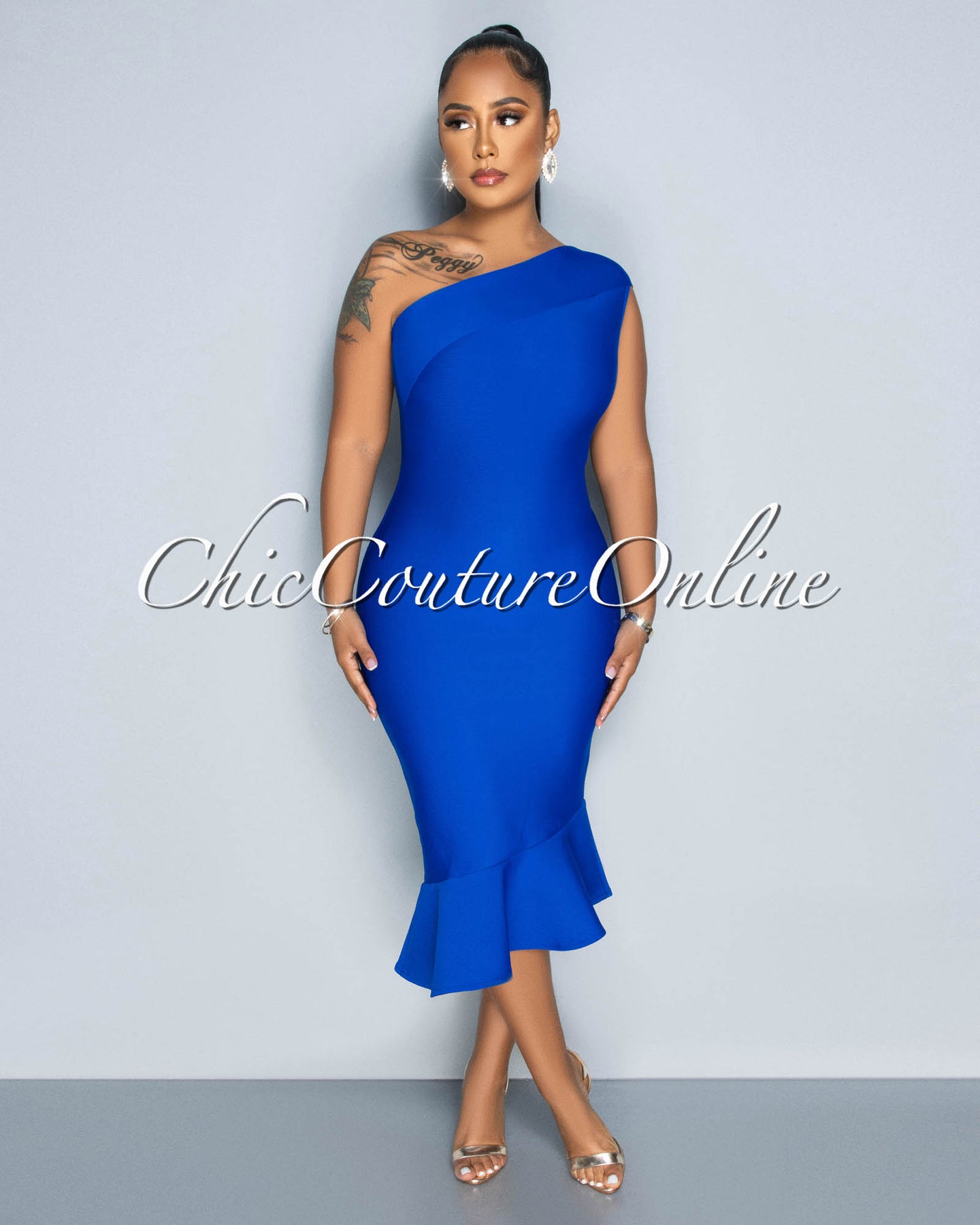 *Patria Royal Blue Single Shoulder Ruffle Hem Bandage Dress