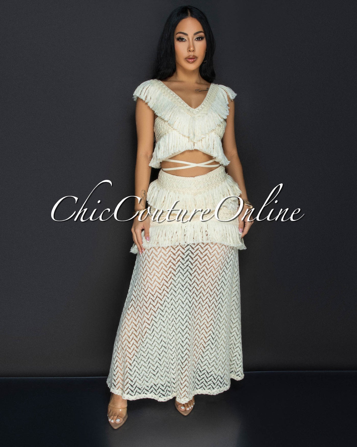 Lloyda Ivory Crochet Top & Maxi Skirt Set