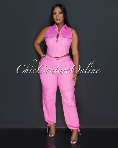Rubia Pink Crop Top & Cargo Pants Set