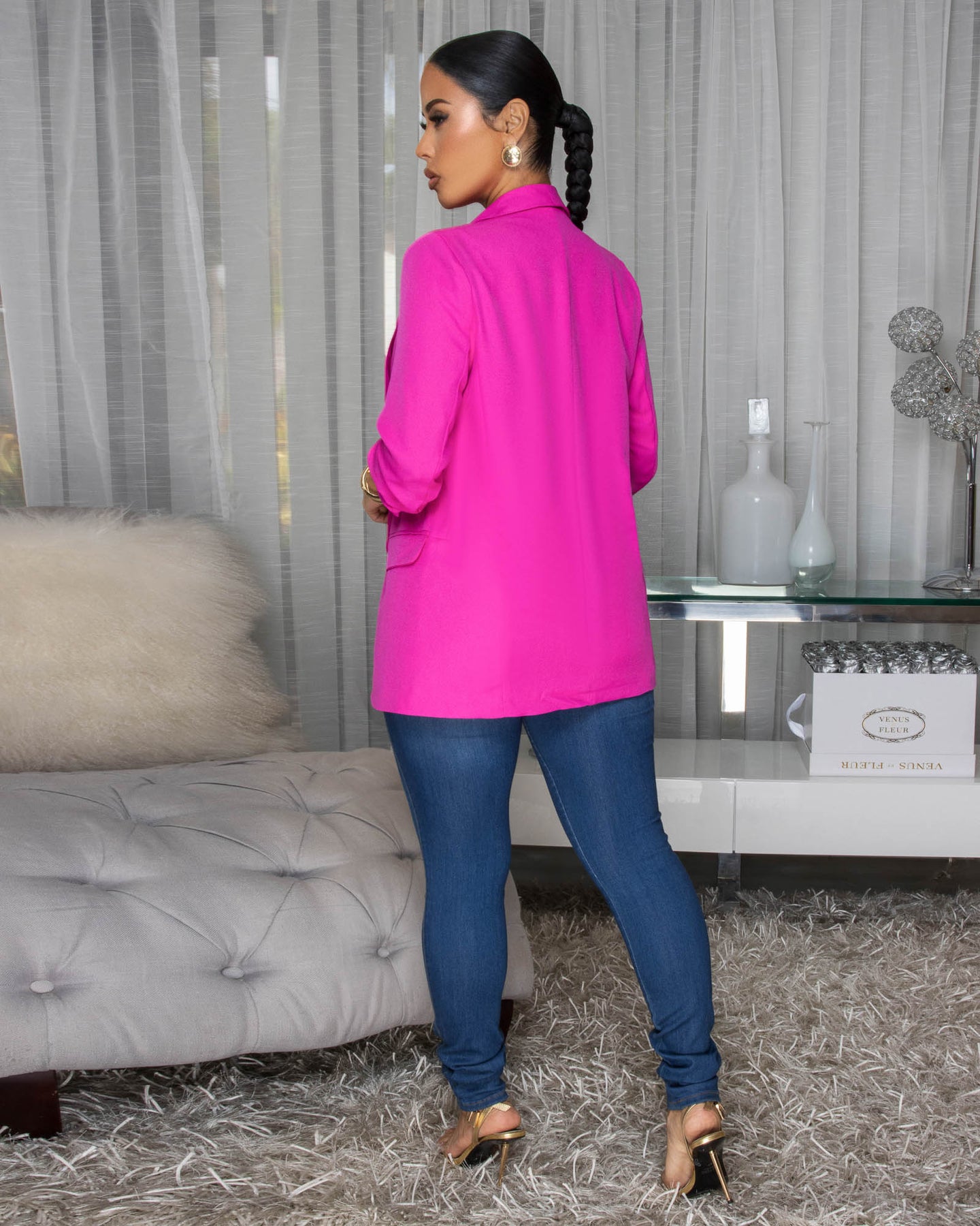 Drecka Fuchsia Ruched Sleeves Blazer