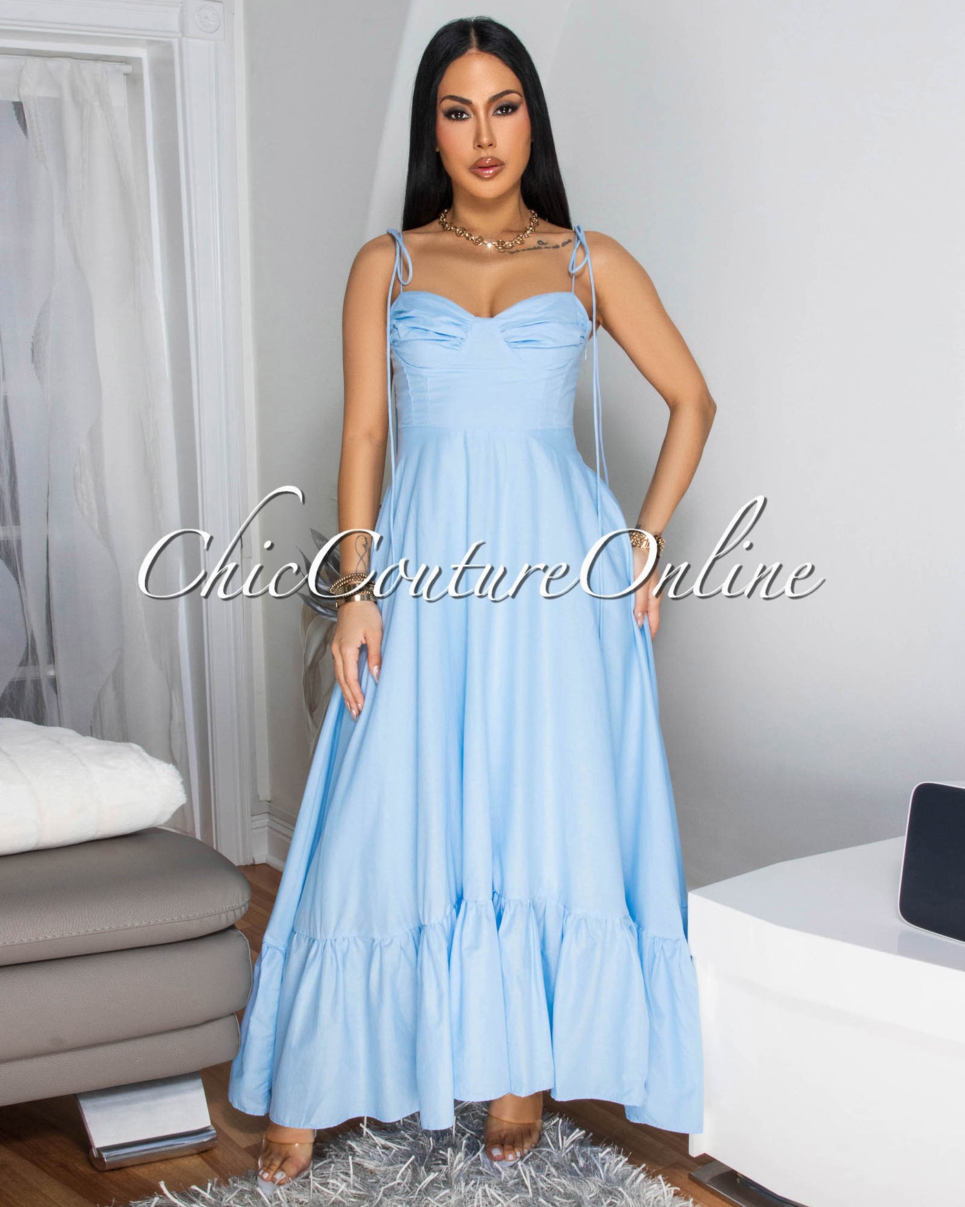 Azaria Baby-Blue Sleeveless Midi Dress