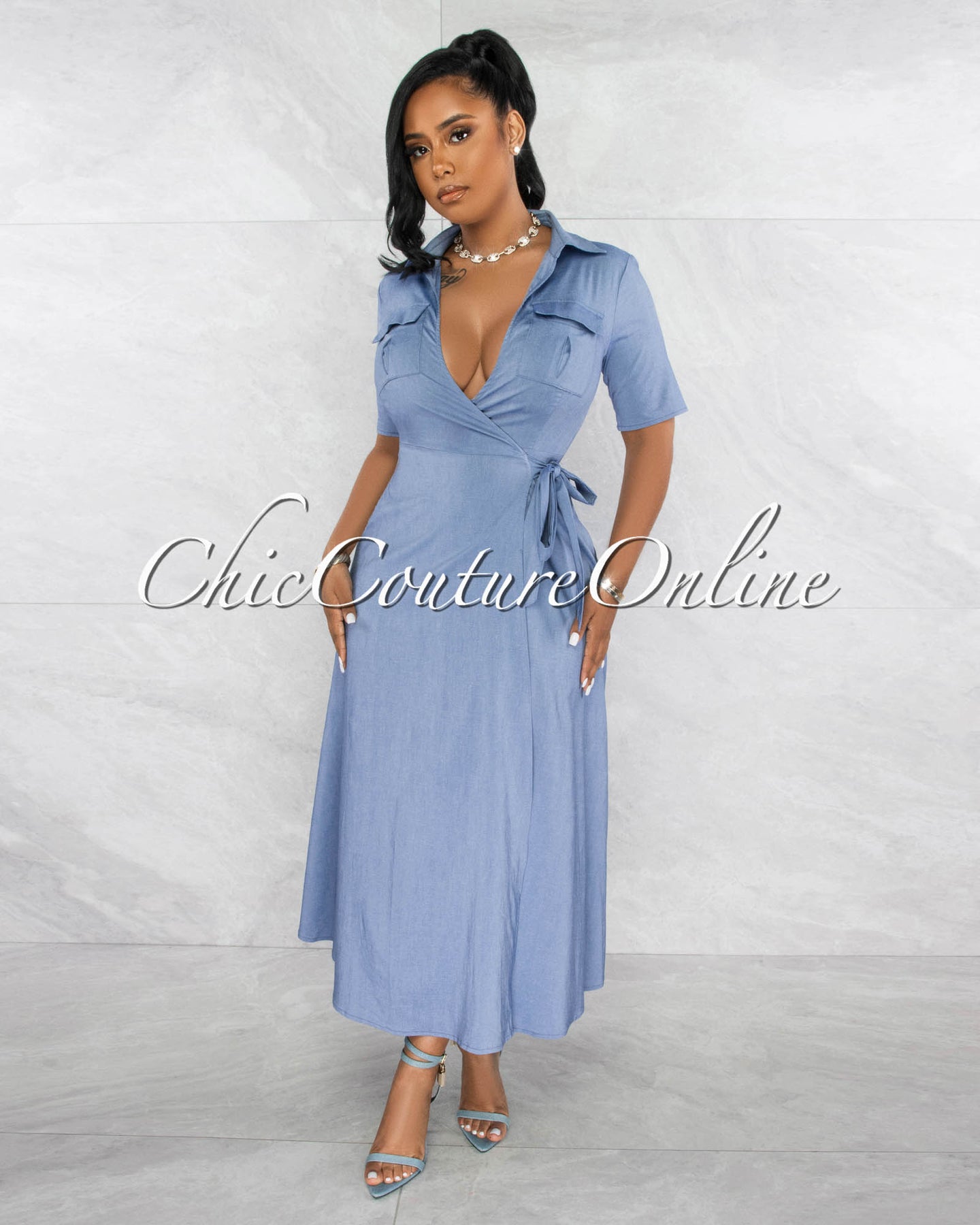 Karrah Light Blue Chambray Wrap Midi Dress