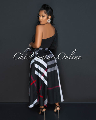 Breea Black Grey Plaid Print Two-Tone Single Shoulder Maxi Dress