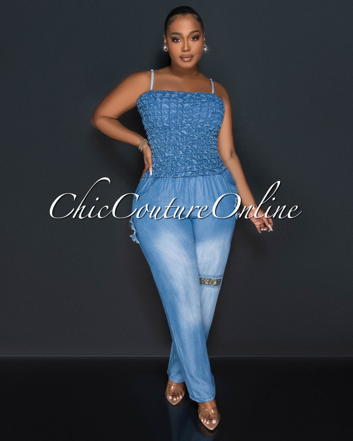 *Via Denim Spaghetti Strap Smocked Top Straight Legs Jumpsuit