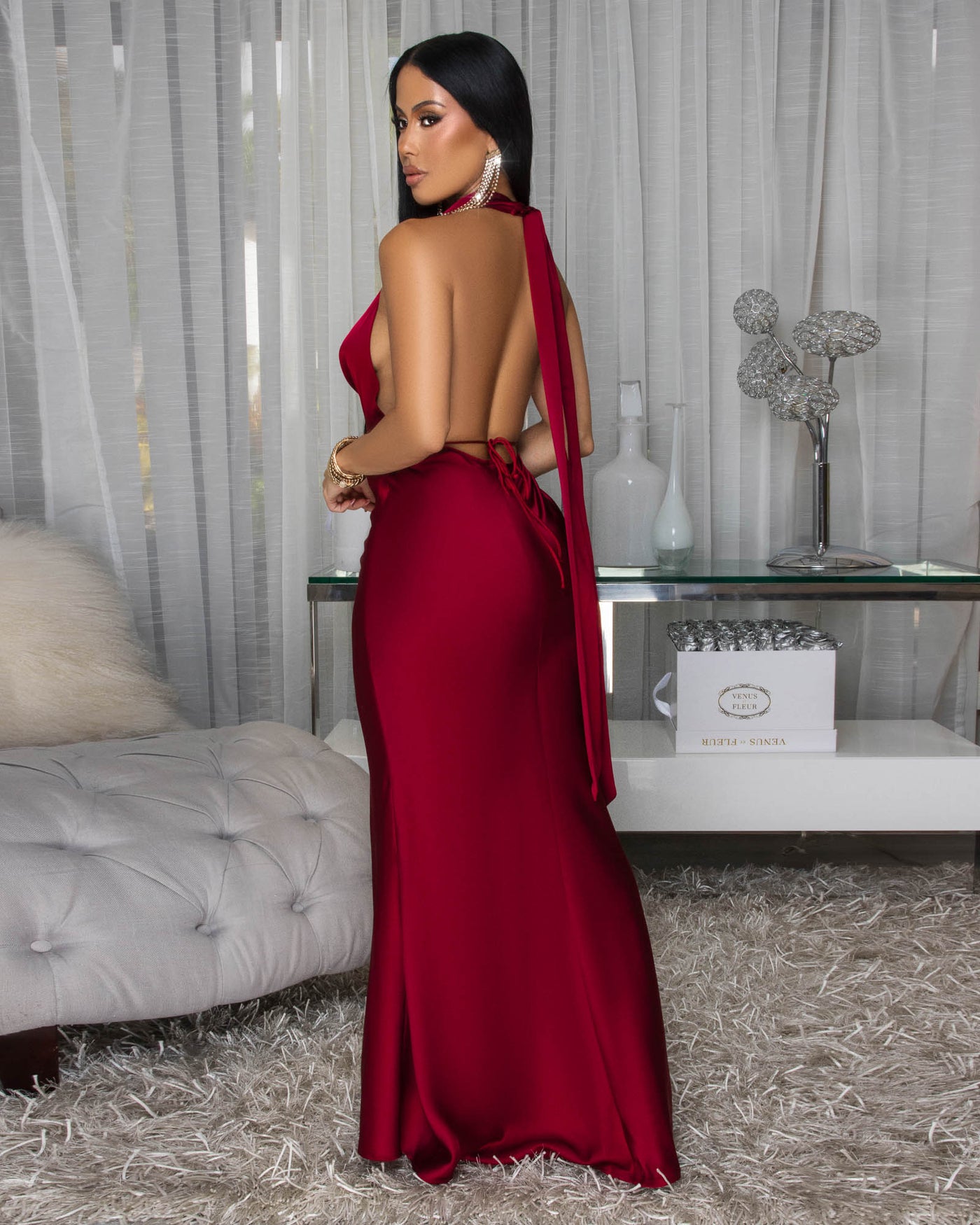 Lorena Burgundy Silky Halter Maxi Dress