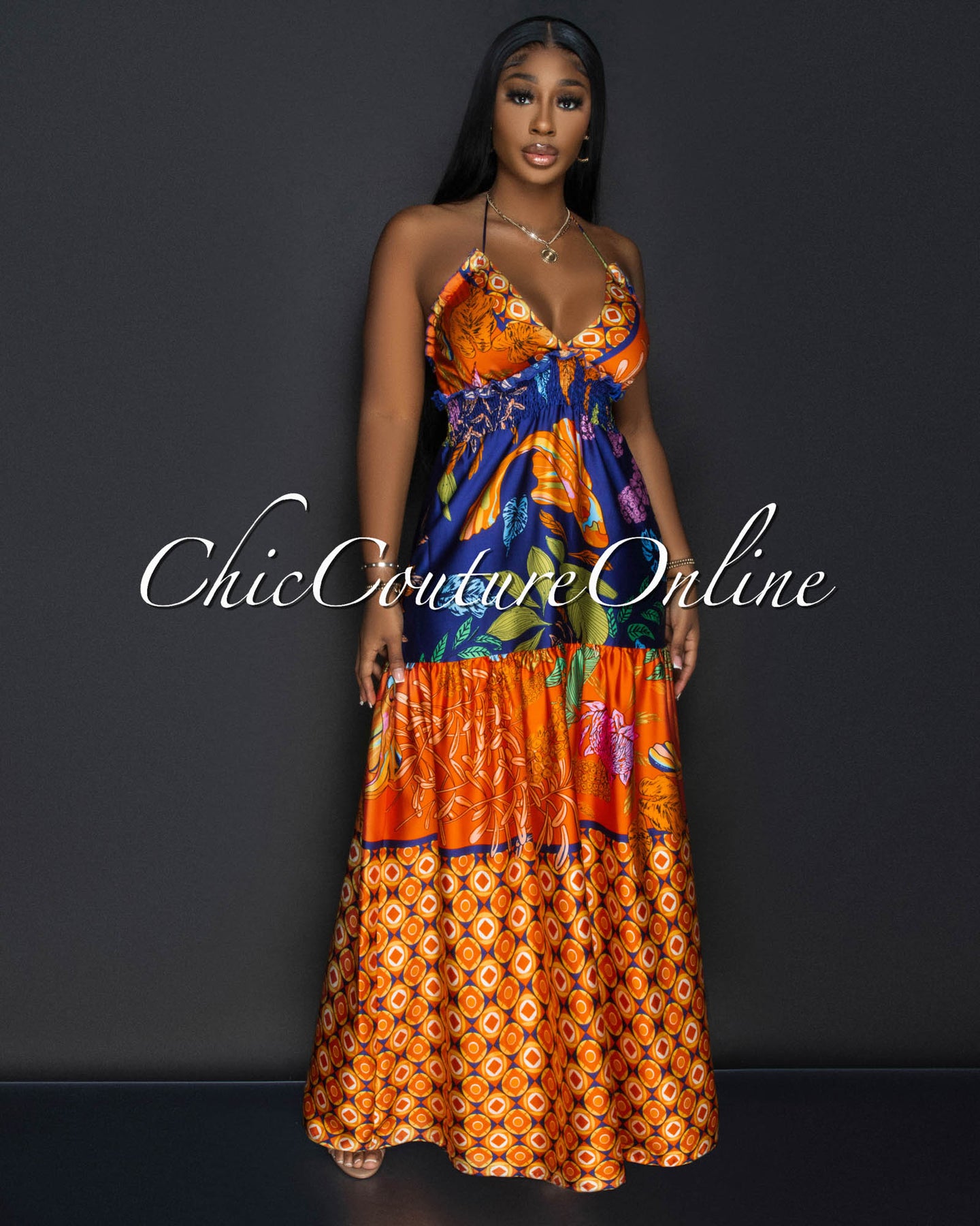 Eloza Orange Blue Tropical Halter Maxi Dress