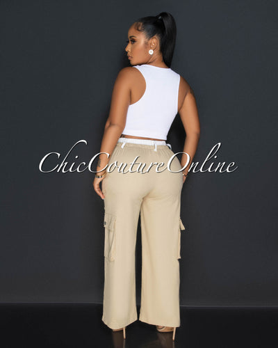 Bolette Nude Drawstring Wide Legs Cargo Pants