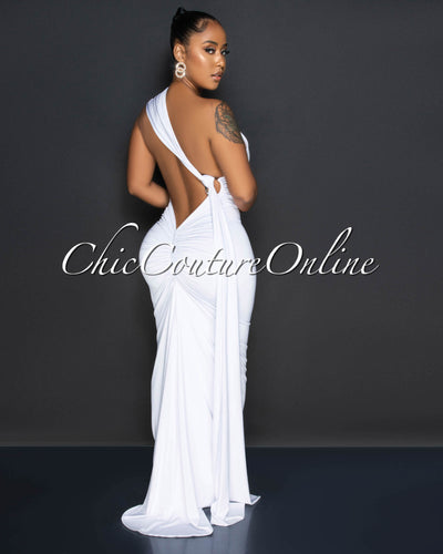 Carlina Off-White Open Back "O" Ring Trail Maxi Dress